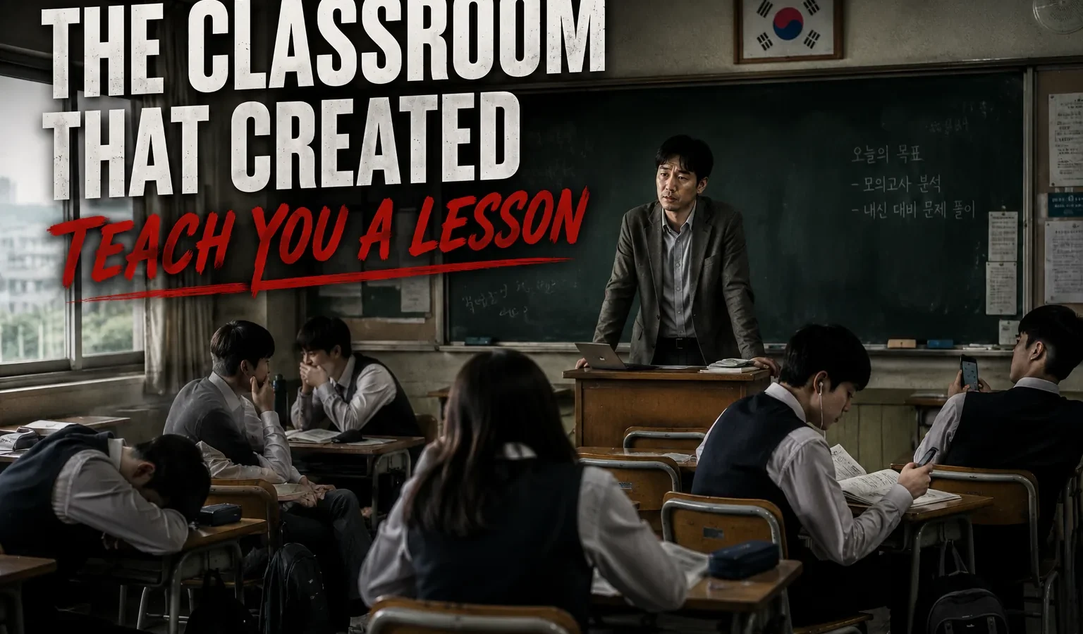 A symbolic image of a modern Korean high school hallway or classroom, representing the pressures and challenges within the education system.