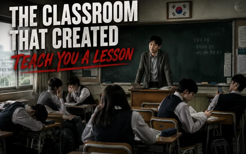 A symbolic image of a modern Korean high school hallway or classroom, representing the pressures and challenges within the education system.